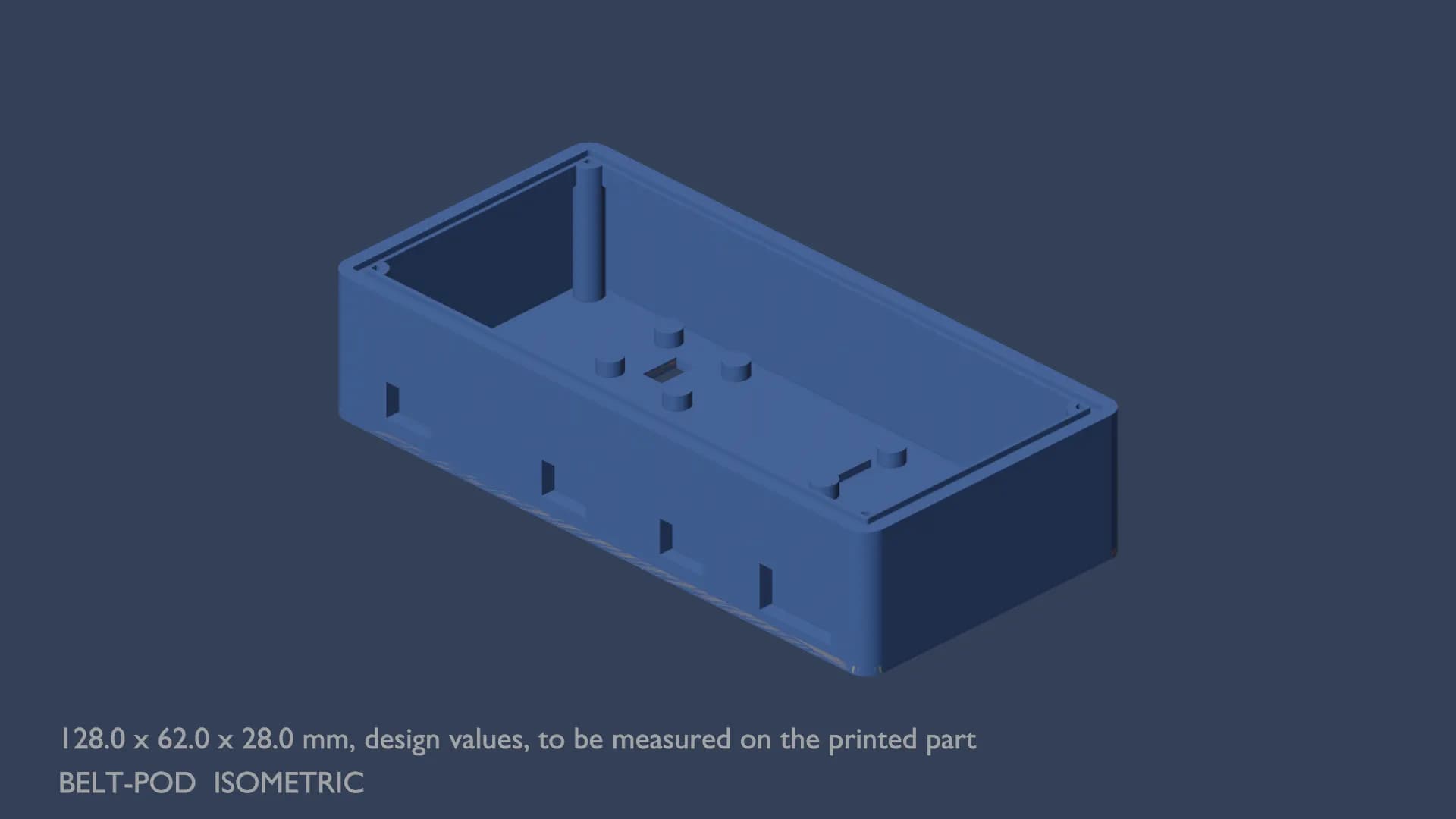 Blueprint, isometric view of the belt pod with its outer dimensions written under it, design values to be measured on the printed part.