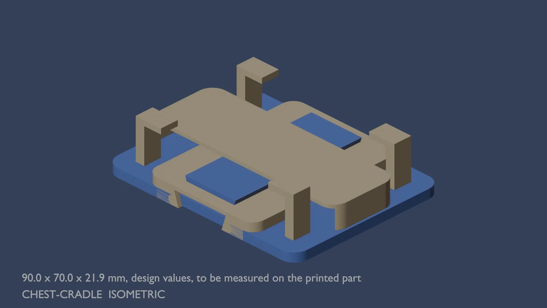 Blueprint, isometric view of the chest cradle with its outer dimensions written under it, design values to be measured on the printed part.