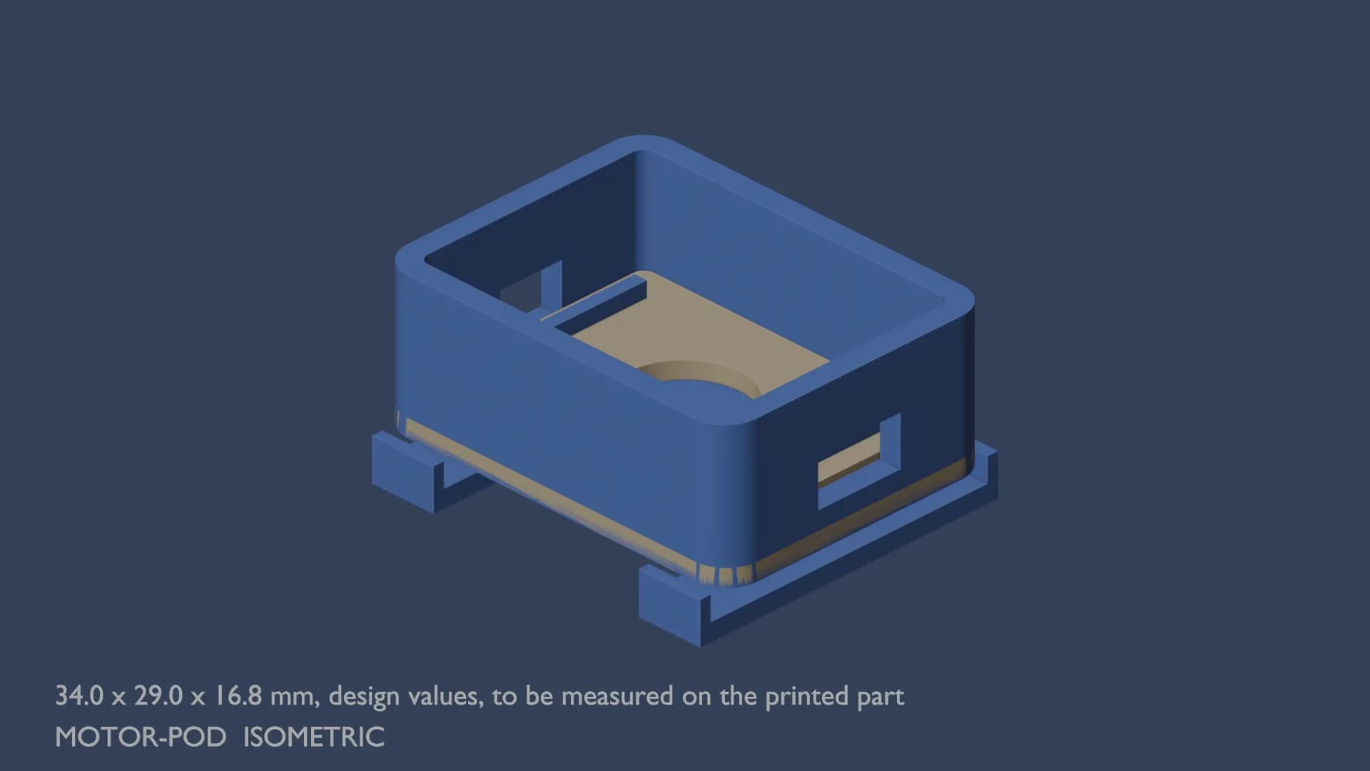Blueprint, isometric view of the motor pod with its outer dimensions written under it, design values to be measured on the printed part.